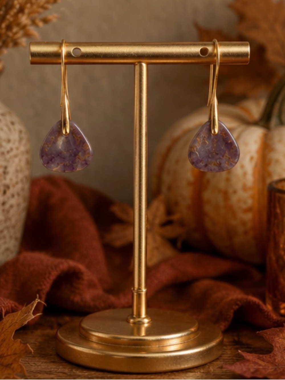 Gold-Trim Lavender Teardrop Earrings